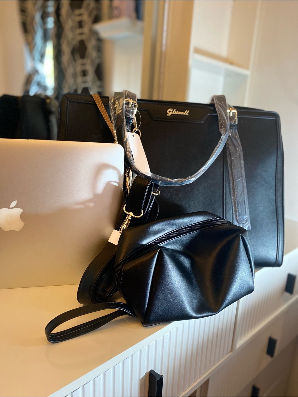 Glitz Black Faux-Leather Laptop Tote with Matching Crossbody Pouch